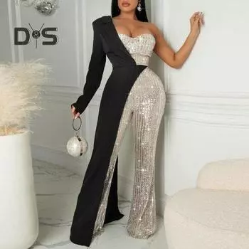Женский комбинезон на одно плечо с одним рукавом, костюм-пальто, платье в стиле пэчворл, блестящий асимметричный комбинезон с пайетками, широкий комбинезон с узкой талией для выпускного вечера 3XL чёрный