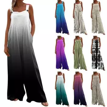 Женский комбинезон на пуговицах с принтом, повседневные свободные комбинезоны без рукавов с карманами L бежевый