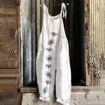 Женский комбинезон на шнуровке, свободный ретро-комбинезон с цветочным принтом, глубокая промежность, глубокая подмышка, открытая спина, повседневная одежда, повседневный комбинезон на подтяжках 2XL белый