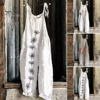 Женский комбинезон на шнуровке, свободный ретро-комбинезон с цветочным принтом, глубокая промежность, глубокая подмышка, открытая спина, повседневная одежда, повседневный комбинезон на подтяжках 2XL белый