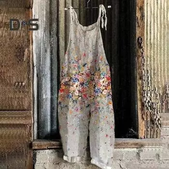 Женский комбинезон на шнуровке, свободный ретро-комбинезон с цветочным принтом, глубокая промежность, глубокая подмышка, открытая спина, повседневная одежда, повседневный комбинезон на подтяжках 2XL белый