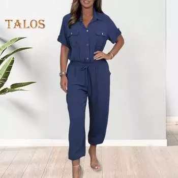 Женский комбинезон на весну и лето, на шнурке, с эластичной резинкой на талии, с короткими рукавами, отворотами, нагрудными карманами, однобортный, однобортный, свободный, в стиле карго, для поездок на работу, повседневный XL чёрный