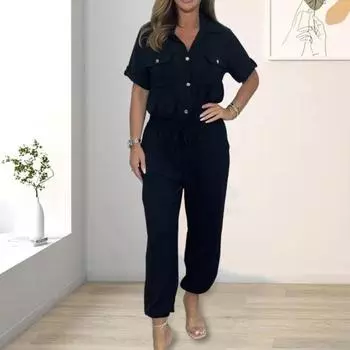 Женский комбинезон на весну и лето, на шнурке, с эластичной резинкой на талии, с короткими рукавами, отворотами, нагрудными карманами, однобортный, однобортный, свободный, в стиле карго, для поездок на работу, повседневный XL чёрный