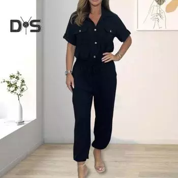 Женский комбинезон на весну и лето, на шнурке, с эластичной резинкой на талии, с короткими рукавами, отворотами, нагрудными карманами, однобортный, однобортный, свободный, в стиле карго, для поездок на работу, повседневный XL чёрный