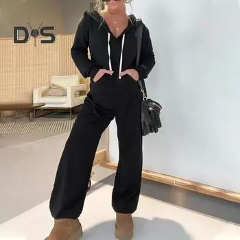 Женский комбинезон на весну и осень с капюшоном, однотонный, на шнурке, со свободным накладным карманом, с широкими штанинами, мягкий дышащий повседневный женский комбинезон до щиколотки M чёрный