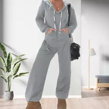 Женский комбинезон на весну и осень с капюшоном, однотонный, на шнурке, со свободным накладным карманом, с широкими штанинами, мягкий дышащий повседневный женский комбинезон до щиколотки XL чёрный