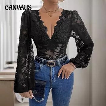 Женский комбинезон, обтягивающий, сексуальный, с длинным рукавом, однотонный, с V-образным вырезом, кружевной боди S чёрный