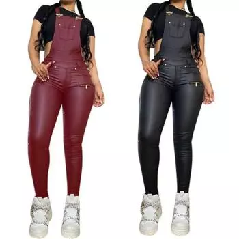 Женский комбинезон, однотонный комбинезон с карманами, осень-зима, высокая талия, молния, комбинезон из искусственной кожи для ночного клуба L вино красного