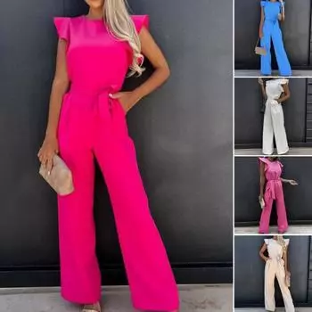 Женский комбинезон, однотонный летний комбинезон с круглым вырезом и рюшами без рукавов, офисная одежда S абрикосовый