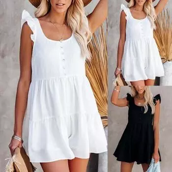 Женский комбинезон, однотонный летний комбинезон с рукавами-крылышками, свободный комбинезон с открытой спиной и рюшами для повседневной носки L белый