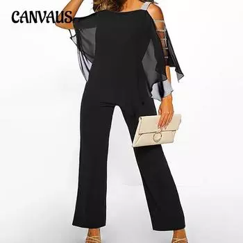 Женский комбинезон однотонный модный асимметричный с открытыми плечами цельный труба S чёрный