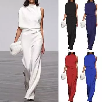 Женский комбинезон, однотонный, мягкий дышащий, элегантный, легкий, мешковатый, со складками, без рукавов, с широкими штанинами, летний комбинезон для офиса 3XL красный