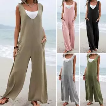 Женский комбинезон, однотонный, простой, удобный, не скатывается, свободный, повседневный, без рукавов, с глубоким промежутком, летний комбинезон, повседневная одежда L хаки