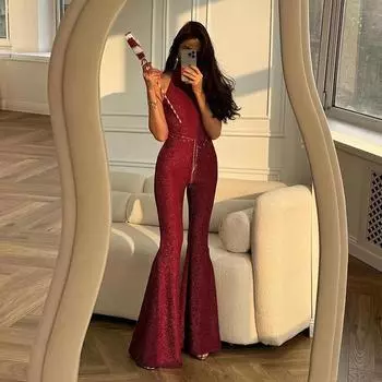 Женский комбинезон, однотонный, с бретельками на талии, с пайетками, расклешенные брюки, боди для женщин, летняя мода 2025 года, новая женская верхняя одежда S красный