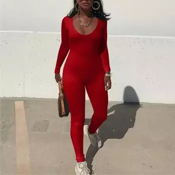 Женский комбинезон, однотонный сексуальный облегающий эластичный спортивный комбинезон с длинными рукавами XL красный