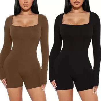 Женский комбинезон, однотонный сексуальный обтягивающий эластичный спортивный комбинезон с длинными рукавами, шорты XL кофейный