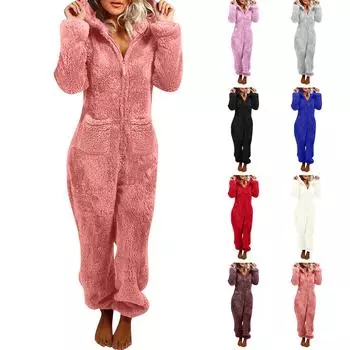 Женский комбинезон однотонный теплый и толстый плюшевый карман домашний комбинезон L чёрный