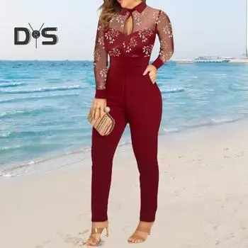 Женский комбинезон осень-весна с вырезом, прозрачный, с сетчатым цветочным принтом, облегающий, с высокой талией, длинным рукавом, с отворотом, в стиле OL Commute, женский комбинезон XL чёрный