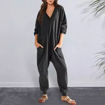 Женский комбинезон осень-зима с V-образным вырезом, длинным рукавом, свободный, однотонный, с карманами, глубоким шаговым швом, мешковатый, с резинкой на щиколотке, мягкая женская пижама S темно-синий