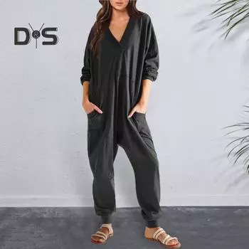 Женский комбинезон осень-зима с V-образным вырезом, длинным рукавом, свободный, однотонный, с карманами, глубоким шаговым швом, мешковатый, с резинкой на щиколотке, мягкая женская пижама M коричневый