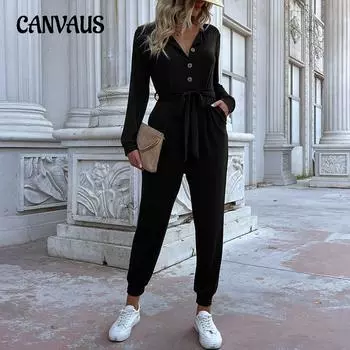 Женский комбинезон, осенне-зимний комбинезон с длинными рукавами, повседневный спортивный комбинезон на шнуровке S чёрный