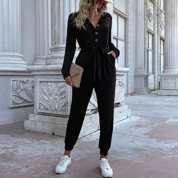 Женский комбинезон, осенне-зимний комбинезон с длинными рукавами, повседневный спортивный комбинезон на шнуровке S чёрный
