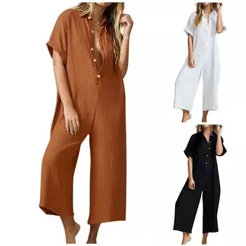 Женский комбинезон, повседневный однотонный хлопковый льняной комбинезон с короткими рукавами, свободный комбинезон из девяти предметов S чёрный