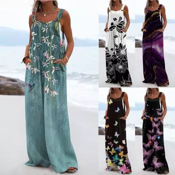 Женский комбинезон, повседневный свободный комбинезон без рукавов с регулируемыми бретелями, широкий комбинезон с карманами L чёрный