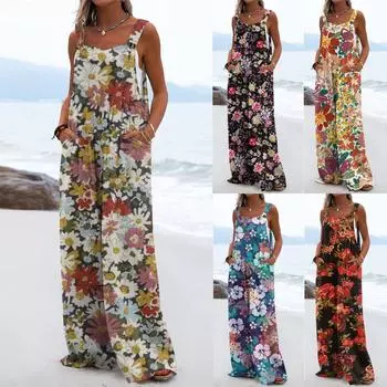 Женский комбинезон, повседневный свободный комбинезон без рукавов с регулируемыми бретелями, широкий комбинезон с карманами L чёрный