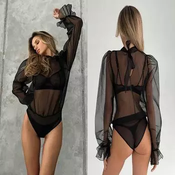 Женский комбинезон, прозрачное боди с вырезом и длинными рукавами, черное сетчатое кружевное трико, клубная одежда, топы для танцев, наряды S чёрный