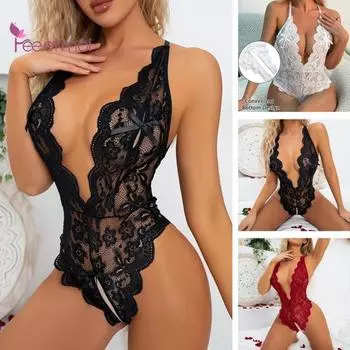 Женский комбинезон, прозрачное кружевное облегающее платье для глубокого сна, V-образный вырез, сексуальная одежда с вырезом и цветочным краем, боди для сна, косплей 2XL