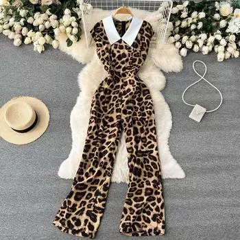 Женский комбинезон RUGOD с леопардовым принтом и лацканами, новинка 2022 года, летняя и корейская версия, с высокой талией, тонкий свободный повседневный комбинезон с широкими штанинами, модный S серый
