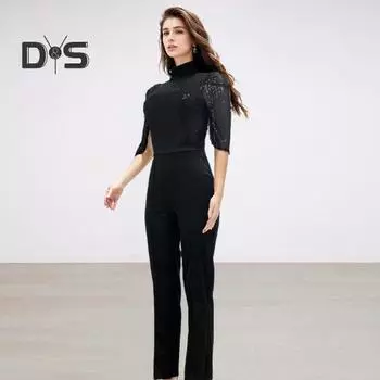 Женский комбинезон с блестками и круглым вырезом с короткими рукавами, тонкая талия, летние женские повседневные вечерние прямые широкие брюки, длинный комбинезон в целом L шампанского