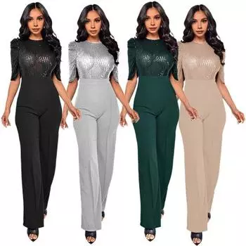 Женский комбинезон с блестками и круглым вырезом с короткими рукавами, тонкая талия, летние женские повседневные вечерние прямые брюки, длинный комбинезон, комбинезон L шампанского