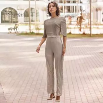 Женский комбинезон с блестками и круглым вырезом с короткими рукавами, тонкая талия, летние женские повседневные вечерние прямые широкие брюки, длинный комбинезон в целом XL темно-зеленого