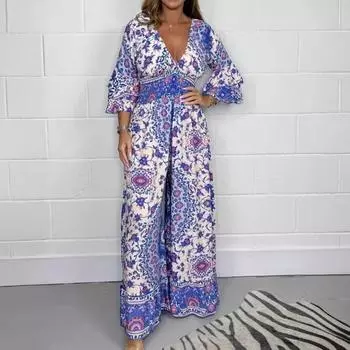 Женский комбинезон с богемным этническим принтом, широкими штанинами, V-образным вырезом, средним рукавом, плюс размер, с рюшами, в стиле пэчворк, с высокой талией, свободный, во всю длину, для поездок на работу, для пляжной вечеринки, выпускного вечера X