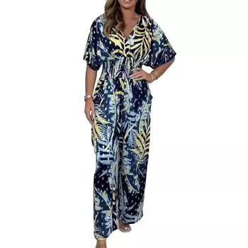 Женский комбинезон с цветочным принтом и v-образным вырезом, эластичный комбинезон с высокой талией и широкими штанинами, повседневный цельный наряд для летнего пляжного путешествия, повседневная одежда 3XL