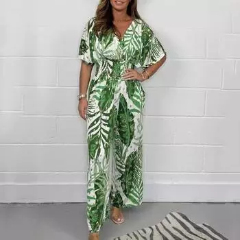 Женский комбинезон с цветочным принтом и v-образным вырезом, эластичный комбинезон с высокой талией и широкими штанинами, повседневный цельный наряд на лето M синий