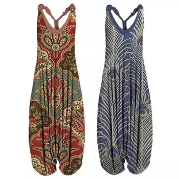 Женский комбинезон с цветочным принтом и V-образным вырезом без рукавов, женские свободные повседневные широкие брюки-шаровары S красный