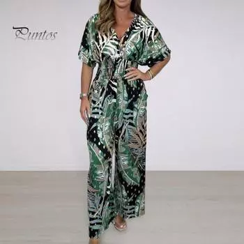 Женский комбинезон с цветочным принтом и v-образным вырезом, эластичный комбинезон с высокой талией и широкими штанинами, повседневный цельный наряд для летнего пляжного путешествия, повседневная одежда M синий