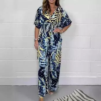 Женский комбинезон с цветочным принтом и v-образным вырезом, эластичный комбинезон с высокой талией и широкими штанинами, повседневный цельный наряд для летнего пляжного путешествия, повседневная одежда XL синий