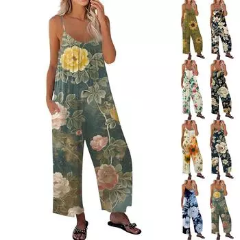 Женский комбинезон с цветочным принтом, повседневный свободный комбинезон с регулируемыми подтяжками L