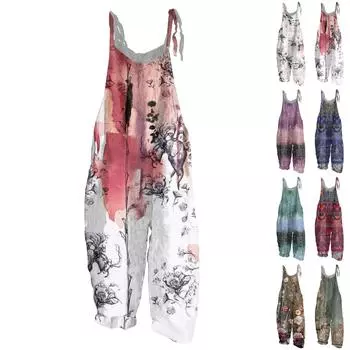 Женский комбинезон с цветочным принтом, повседневный свободный винтажный комбинезон из хлопка и льна L коричневый