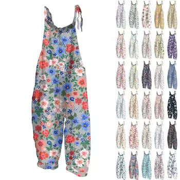 Женский комбинезон с цветочным принтом, повседневный свободный винтажный комбинезон из хлопка и льна L синий