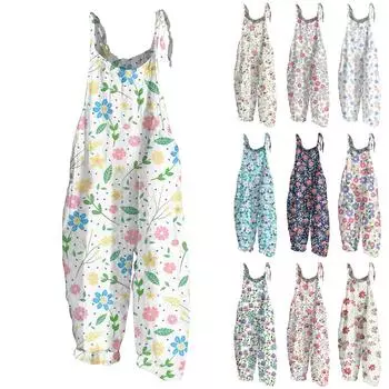 Женский комбинезон с цветочным принтом, повседневный свободный винтажный комбинезон из хлопка и льна L зелёный