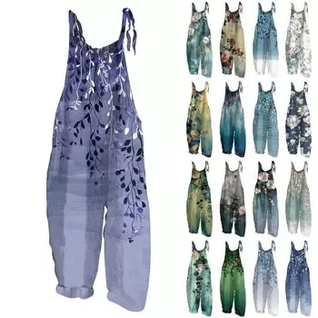 Женский комбинезон с цветочным принтом, повседневный свободный ретро-бретелька из хлопка и льна L синий