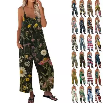 Женский комбинезон с цветочным принтом, повседневный свободный комбинезон с регулируемыми подтяжками L синий