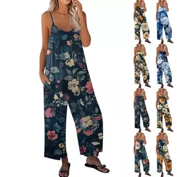 Женский комбинезон с цветочным принтом, повседневный свободный комбинезон с регулируемыми подтяжками L бежевый