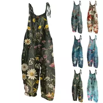 Женский комбинезон с цветочным принтом, повседневный свободный винтажный комбинезон из хлопка и льна XXL синий