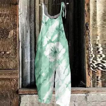Женский комбинезон с цветочным принтом, повседневный свободный винтажный комбинезон из хлопка и льна S темно-зеленого